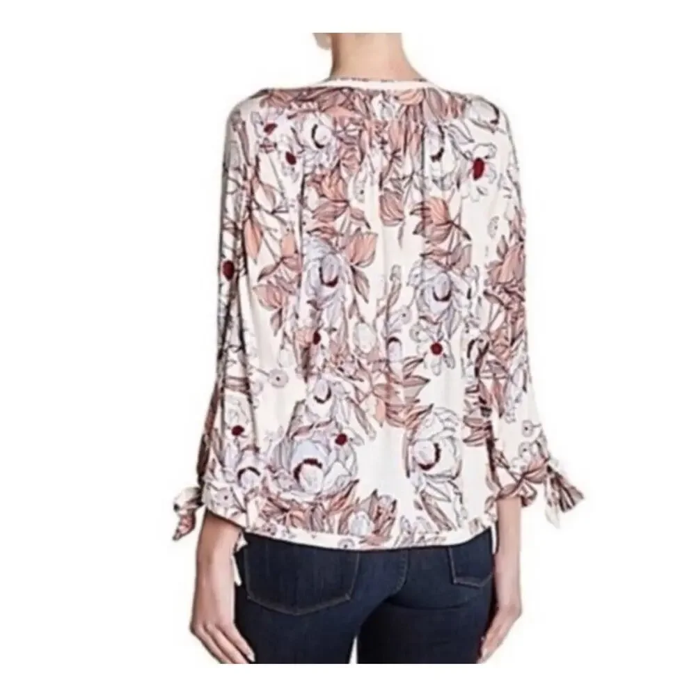 Free People Floral Print Tie Sleeve Slouch Blouse Lightweight Boho Pink White XS